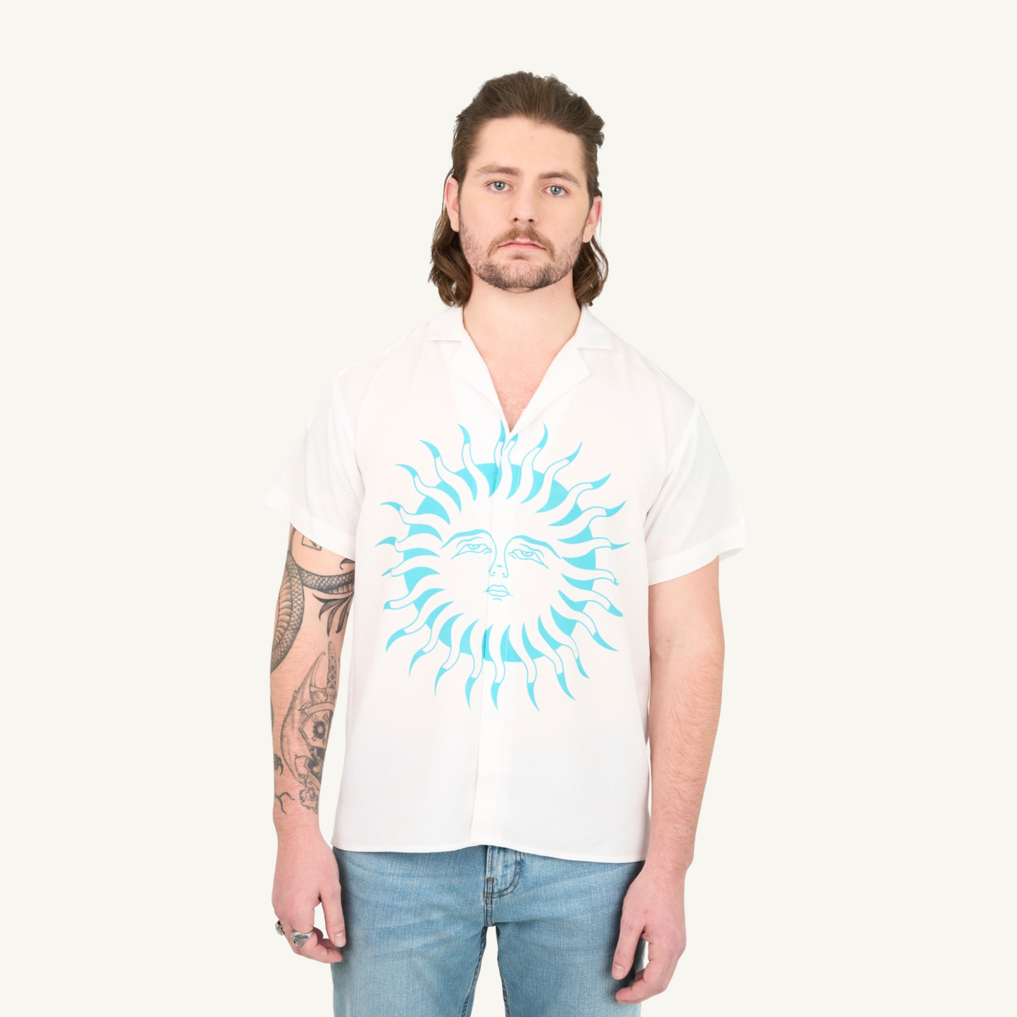 Sun Print Half Sleeve Camp Collar Shirt – White