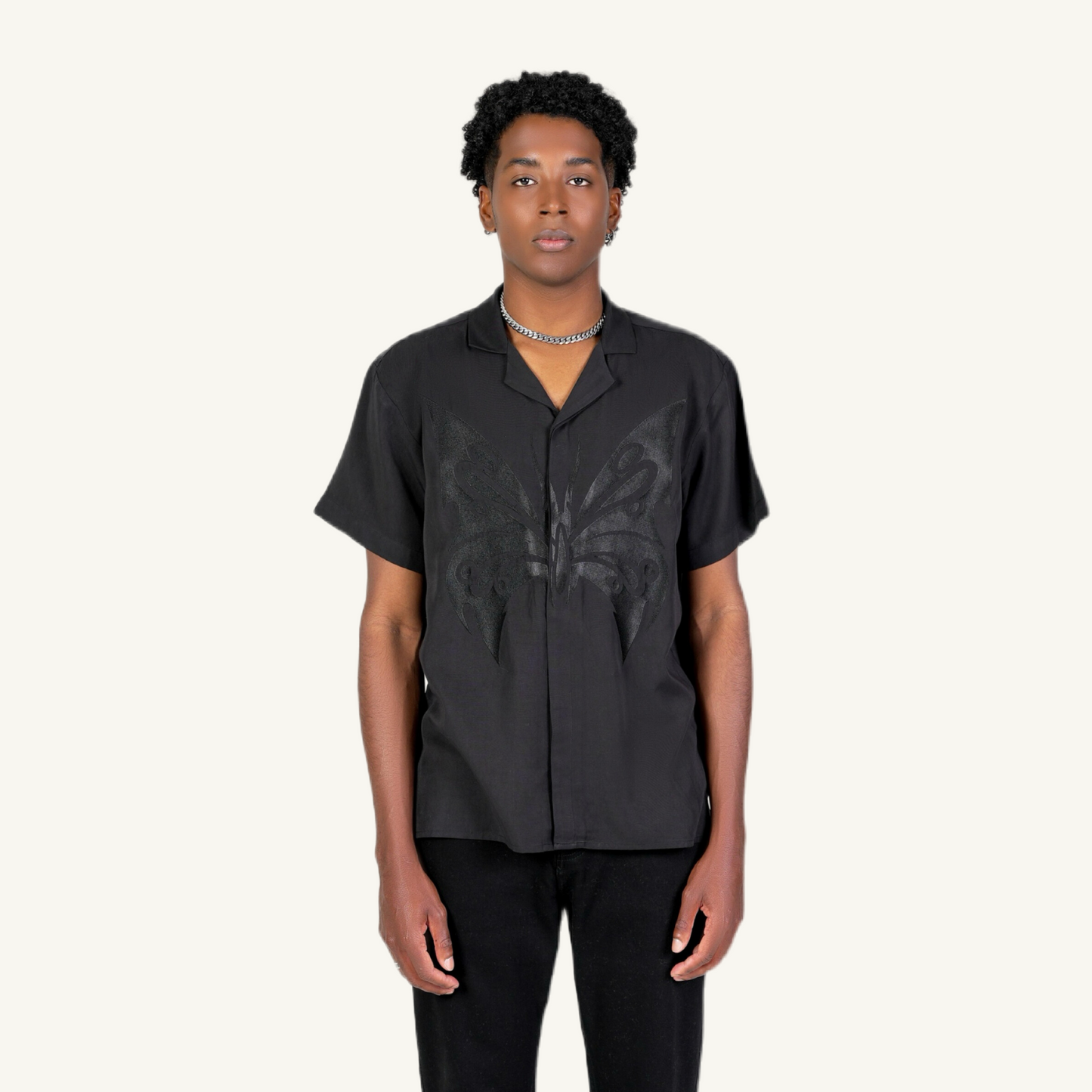 Black Butterfly Half Sleeve Camp Collar shirt