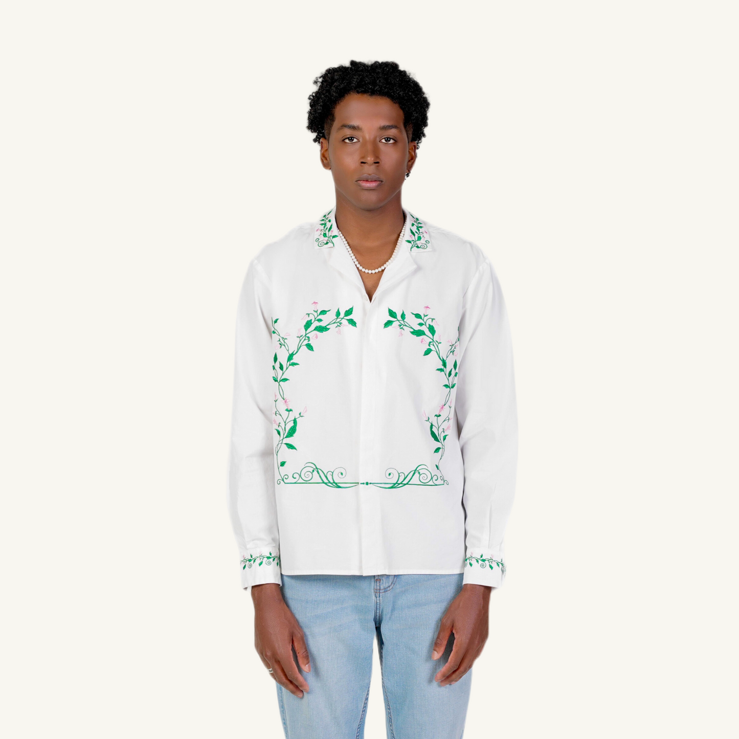 Floral Embroidery Full Sleeve Camp Collar Shirt