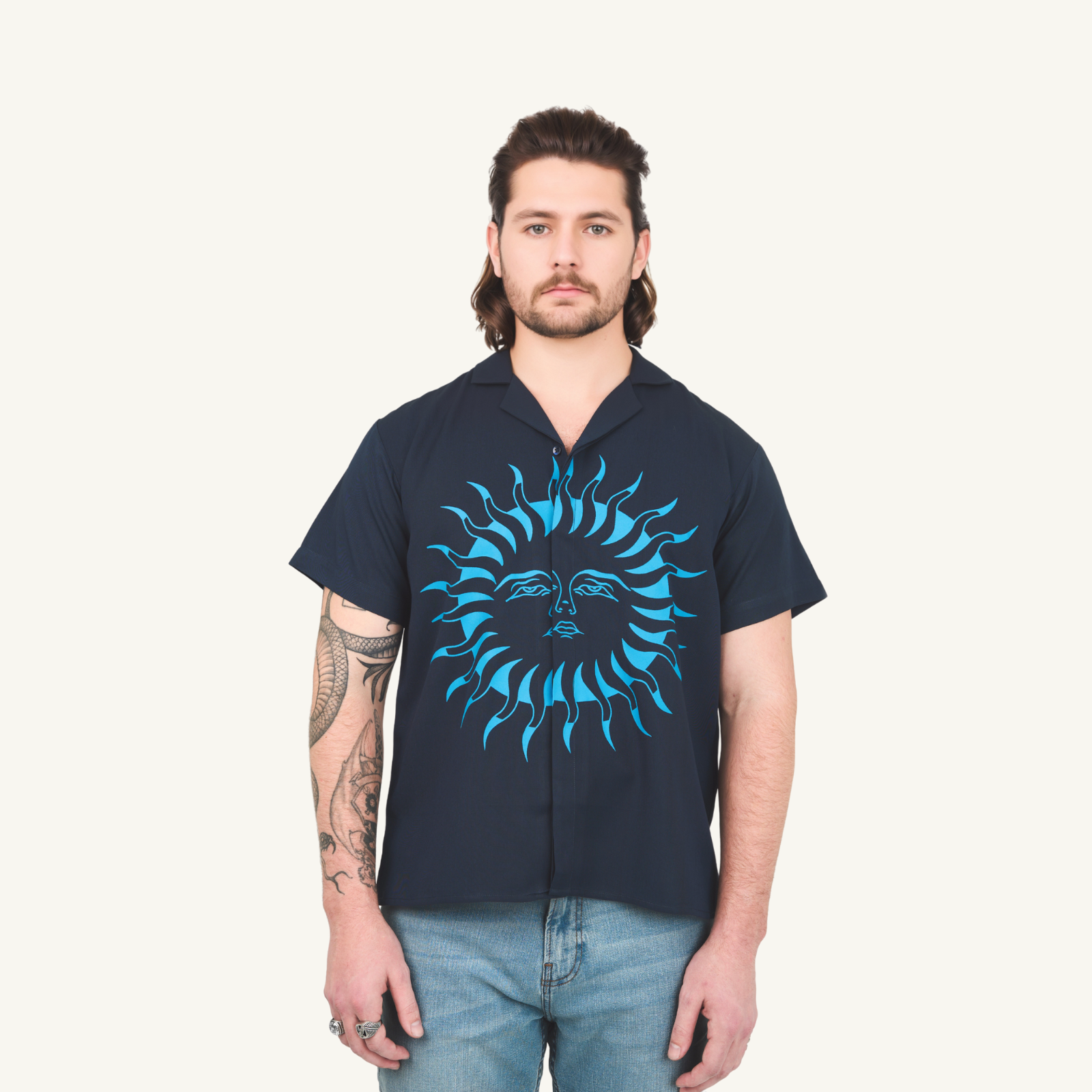 Sun Print Half Sleeve Camp Collar Shirt – Blue