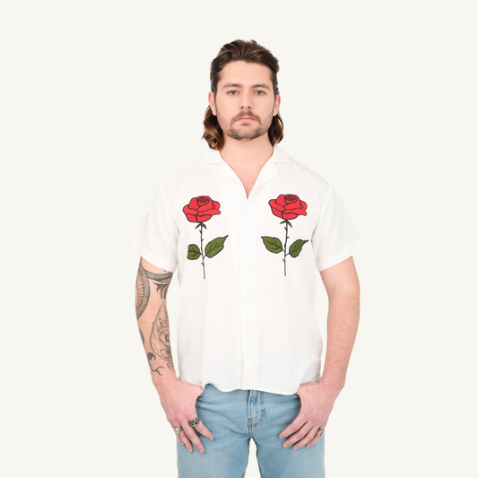 Printed Roses Half Sleeve Camp Collar Shirt